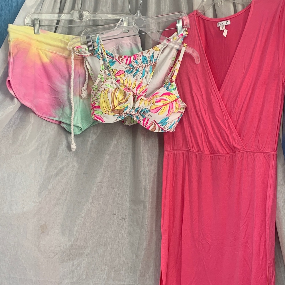 VENUS Hot Pink Wrap Maxi with Tropical Floral Bikini & Pastel Ombre Shorts
